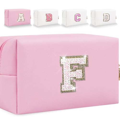 HENGNI Kleine Make-up-Tasche mit Buchstaben, niedliches PU-Leder, Chenille-Buchstaben, Kosmetiktasche, Reise-Make-up-Tasche, Reise-Organizer, Reißverschluss-Tasche für Damen und Mädchen, glitzernd von HENGNI