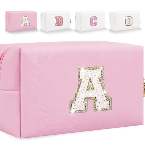 HENGNI Kleine Make-up-Tasche mit Buchstaben, niedliches PU-Leder, Chenille-Buchstaben, Kosmetiktasche, Reise-Make-up-Tasche, Reise-Organizer, Reißverschluss-Tasche für Damen und Mädchen, glitzernd von HENGNI