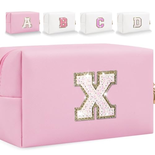 HENGNI Kleine Make-up-Tasche mit Buchstaben, niedliches PU-Leder, Chenille-Buchstaben, Kosmetiktasche, Reise-Make-up-Tasche, Reise-Organizer, Reißverschluss-Tasche für Damen und Mädchen, glitzernd von HENGNI