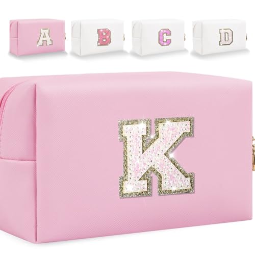 HENGNI Kleine Make-up-Tasche mit Buchstaben, niedliches PU-Leder, Chenille-Buchstaben, Kosmetiktasche, Reise-Make-up-Tasche, Reise-Organizer, Reißverschluss-Tasche für Damen und Mädchen, glitzernd von HENGNI