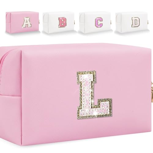 HENGNI Kleine Make-up-Tasche mit Buchstaben, niedliches PU-Leder, Chenille-Buchstaben, Kosmetiktasche, Reise-Make-up-Tasche, Reise-Organizer, Reißverschluss-Tasche für Damen und Mädchen, glitzernd von HENGNI