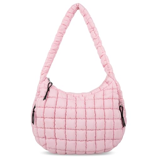 Puffer Tote Bag für Damen, große gesteppte Tragetasche, Puffy Crossbody Tasche mit Reißverschluss, Nylon gesteppte Tragetasche, Hobo Handtaschen, Pink, Medium von HENGNI