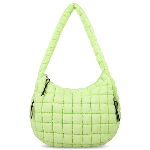 Puffer Tote Bag für Damen, große gesteppte Tragetasche, Puffy Crossbody Tasche mit Reißverschluss, Nylon gesteppte Tragetasche, Hobo Handtaschen, hellgrün, Medium von HENGNI