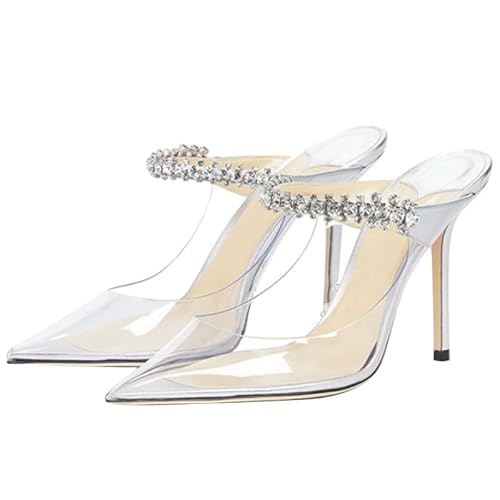 HENXUE Damen-Pantoletten Mit Absatz, Strass, Riemchen, Spitzer Zehenbereich, Stiletto-High-Heels, Slip-On-Brautsandalen Für Damen,003,35 von HENXUE