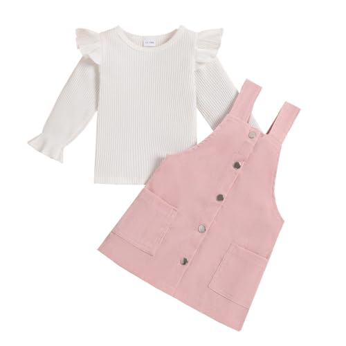 HEOXIN Baby Infant Toddle Kord-Trägerrock, Toddler Tops + Cordrock 2PCS Set, Newborn T-Shirt mit Ruffle Sleeve, ärmelloser Cordrock mit Taschen und Knopf Overall Kleid für 3 Jahre - 4 Jahre, Rosa HEOXIN Baby Infant Toddle Kord-Trägerrock, Toddler Tops + Cordrock 2PCS Set, Newborn T-Shirt mit Ruffle Sleeve, ärmelloser Cordrock mit Taschen und Knopf Overall Kleid für 3 Jahre - 4 Jahre, Rosa von HEOXIN