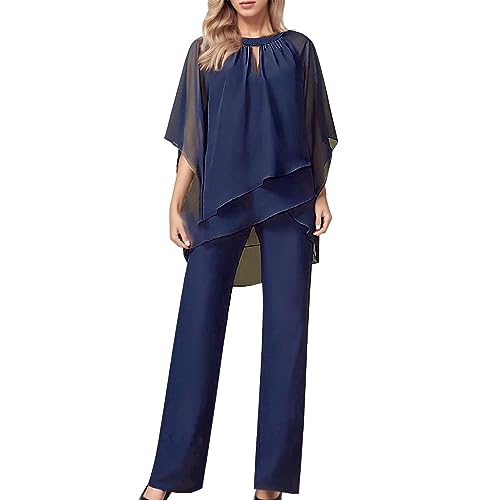 HERSIL Elegant Hosenanzug Damen Sommer Zweiteiler TüLl Abendanzug Sets Cocktail Party Festlich Hosenanzug Zweiteiler Chiffon Shirt Und Hohe Taille Hosenanzug Vintage 2-Teiliges Set Outfit (Navy #1, L) von HERSIL