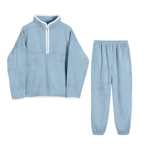 Hausanzug Herren Kuschelig Damen Schlafanzug Flanell Hausanzug Winter Pyjama Set Lang Zweiteiliger Sweartjacke Morgenstern Trainingsanzug Sportanzug Fleece Hoodie und Schlafhose Set (z1-Blue, XL) von HERSIL