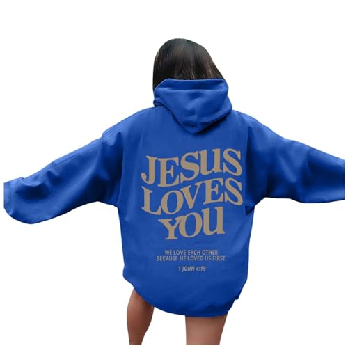 Jesus Loves You Hoodie Shirt Damen Sweatshirt Oversized Kapuzenpullover Langarm Hoodies Langarm Kleidung Tops Basic Shirt Sport Pullover Freizeit Pulli Einfarbig (BA-Blue, L) von HERSIL