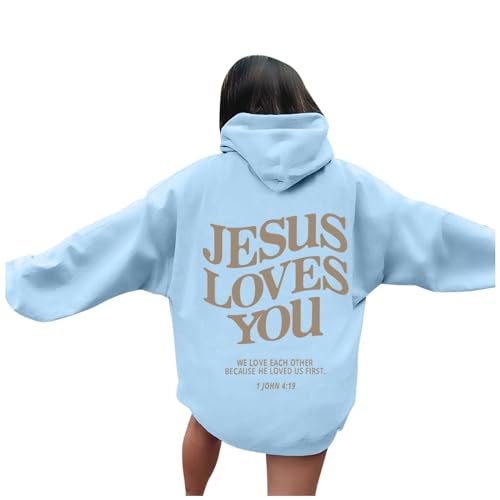 Jesus Loves You Hoodie Shirt Damen Sweatshirt Oversized Kapuzenpullover Langarm Hoodies Langarm Kleidung Tops Basic Shirt Sport Pullover Freizeit Pulli Einfarbig (BA-Light Blue, L) von HERSIL