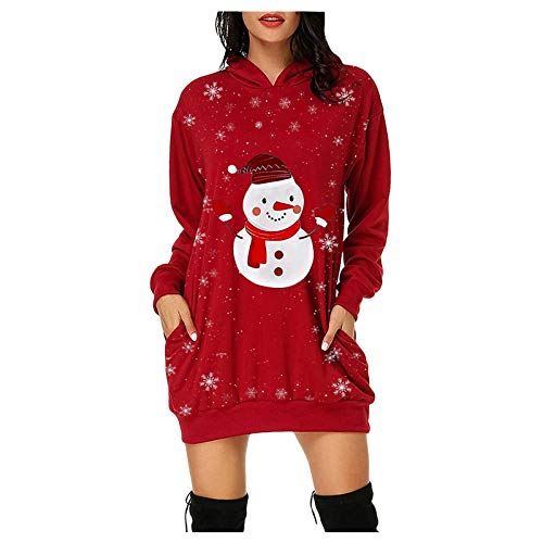 Kapuziner-Druck Weihnachts-Modekleid Kapuziner-Taschen-Hüfttasche für Frauen Elegante Shirts Damen (Red, XL) von HERSIL