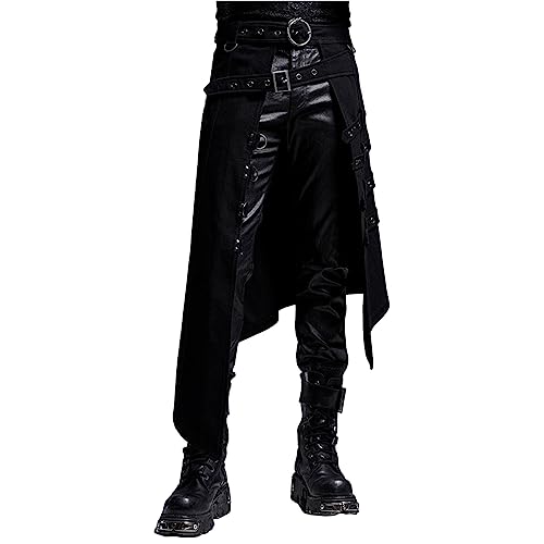 Schwarz Hose Herren Dark Rock Punk Steam Halbrock Gothic Asymmetrisch Halbrock Herren Steampunk Gothic Asymmetrischer Halberock Mittelalter Vintage Rock mit Schlaufe Schnalle Gürtel von HERSIL