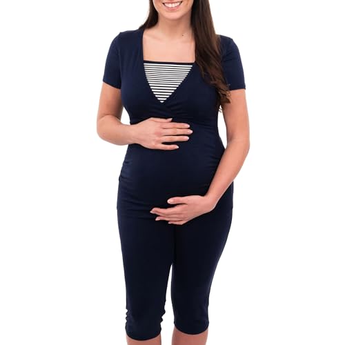 Herzmutter Stillpyjama-Umstandspyjama - Gestreifter Schlafanzug für Damen - weiche Nachtwäsche für Schwangerschaft - Stillfunktion - Kurzarm - 2600 (M, Blau/Weiß) von Herzmutter