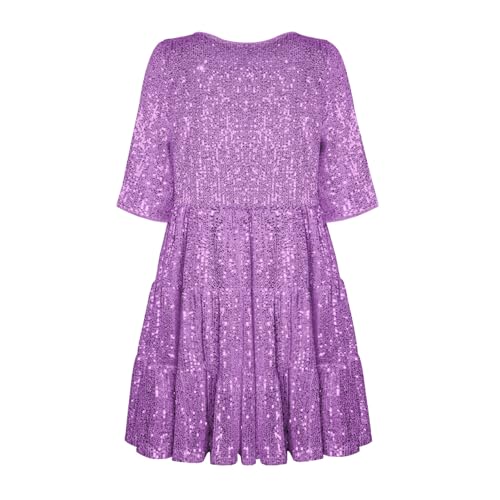 HESYSUAN Sequin Baby Doll Dress Sparkle Sequin Mini Dress for Women Short Sleeve Sequin Tiered Tunic Dress Concert Party Dress (Purple,XXL) von HESYSUAN