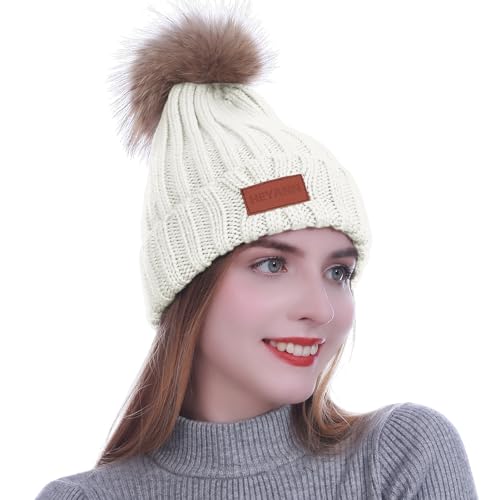 HEYANN Damen-Wintermütze Niedliche Strickmütze mit abnehmbarem Kunstfell-Pom-Pom-Pom, warm, grob, Zopfstrick Skimütze Winter-Pompon Beanie-Mützen für Frauen（weiß ） von HEYANN