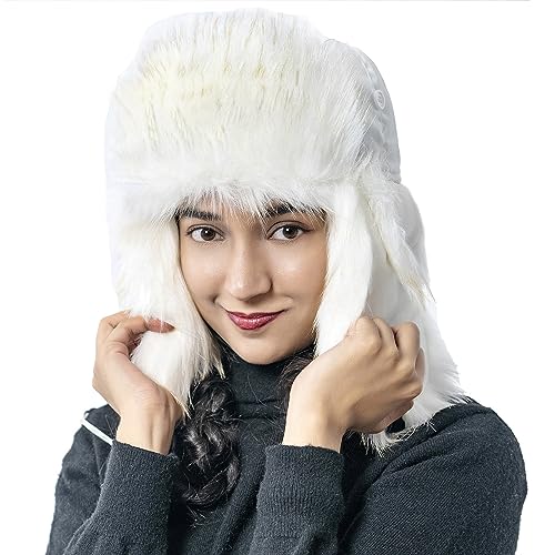 HEYANN Fliegermütze Damen Weiß Wintermütze Uschanka Trapper Damen Russische Warme Mütze mit Ohrenklappen Winter Bomber Hut Unisex Fliegermütze Fellmütze für Herren (L/XL, Weiß) von HEYANN