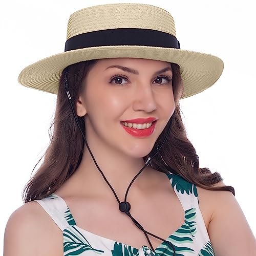 HEYANN Strohhut Damen Sommer, Damenhut Sommer 56-57cm Frauen Panama Strohhut Kappe Hut Boater Hut Faltbarer Sonnenhut mit weichem Rand Damenhut Gartenhut für Urlaub (Beige-M) von HEYANN