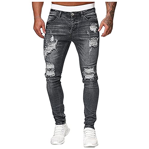 Jeans Herren Destroyed Stretch Jeans Coole Mode Jeans Skinny Ripped Slim Fit Hose Mit LöChern FüR MäNner ReißVerschluss Jeans Party Freizeithose Zerrissene Jeans Herren Stretch Grau L von HEYCE