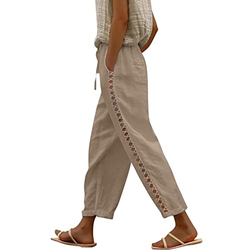 Jogginghose Damen Chino Damen Hose Damen High Waist Leinenhose Baggy Sommerhose Damen Leicht Luftige Stoffhose Freizeithose Tunnelzug Stretch Elastische Hosen Yogahose Sporthose Beige L von HEYCE