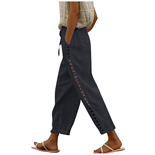 Jogginghose Damen Chino Damen Hose Damen High Waist Leinenhose Baggy Sommerhose Damen Leicht Luftige Stoffhose Freizeithose Tunnelzug Stretch Elastische Hosen Yogahose Sporthose Schwarz M von HEYCE