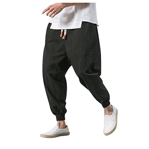 Jogginghose Herren Baggy Haremshose Herren Einfarbige Freizeithose aus Baumwolle und Leinen Mode Baggy Heimhose Lang Leichte Atmungsaktiv Pluderhose Sommerhose Herren Lang und Leicht Schwarz 4XL von HEYCE