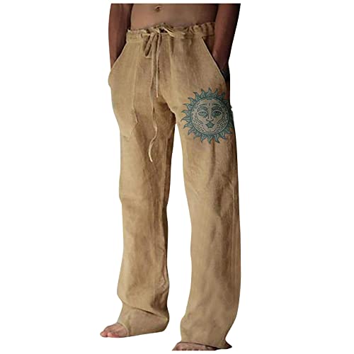 Jogginghose Herren Sommer Herrenhose aus Leinen Bedruckte Entspannte Passform Lässige Gerade Beine Hose Sporthose Herren Lang Hose Herren Weites Bein Outdoor Hosen für Herren Beige L von HEYCE