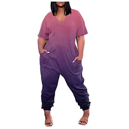 Jumpsuit Damen Bedruckte Kurze ärmel Hohe Taille Einteilige Plus Size Overalls für Frauen Lässig Sport Jumpsuit Damen Sfit Jumpsuit Damen Baumwolle Stretch Strampler Spielanzug mit Tasche Violett 3XL von HEYCE