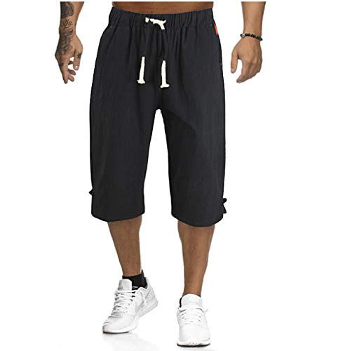 Kurze Hosen Herren Sport Herren Shorts Regular Fit Kurze Hosen Herren Leinen 3/4 Shorts Jogginghose Lounge Kordelzug Kniehose mit Taschen Trekkinghose Herren Sommer Herren Jogginghose Schwarz L von HEYCE