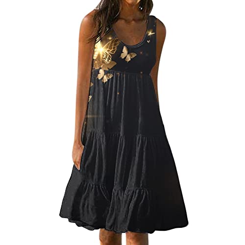 Sommerkleid Damen Boho Kleid Damen Blumen Drucken Strandkleid ärmellos Swing Kleid Damen Strandkleid Damen Sommer Sommerkleid Damen Knielang Hawaii Kleid Damen Gesmoktes Sonnenkleid blau XL von HEYCE