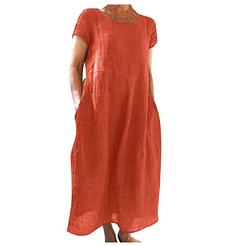 Strandkleid Damen Sommer Retro Einfarbiges T-Shirt Kleid Langes Kleider mit Taschen Damen Kleider Sommer Locker Strandkleider Damen Maxikleider Damen Sommer Hawaii Kleid Damen Orange 3XL von HEYCE