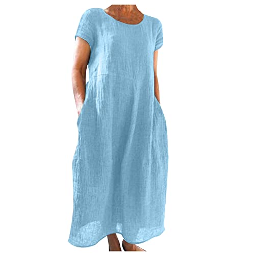 Strandkleid Damen Sommer Retro Einfarbiges T-Shirt Kleid Langes Kleider mit Taschen Damen Kleider Sommer Locker Strandkleider Damen Maxikleider Damen Sommer Hawaii Kleid Damen blau XL von HEYCE