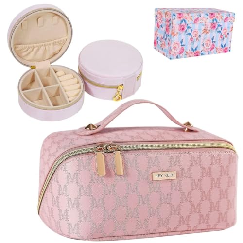 Hey Keep Make-up-Tasche, Kosmetiktasche und Reise-Schmuckkoffer, kleine Schmuck-Organizer-Box, große Kapazität, offen, flach, Make-up-Organizer, Kulturbeutel für Damen, personalisierte Geschenke, von HEYKEEP