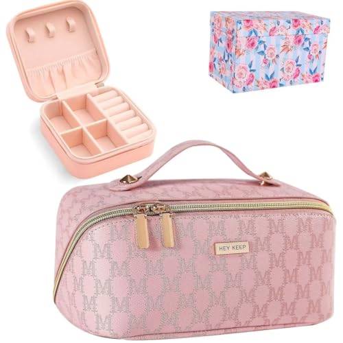 HEYKEEP Make-up-Tasche und Schmuckkoffer-Set, große Reise-Kosmetiktasche, Organizer-Tasche für Damen, wasserdicht, tragbar, offen, flach, Kulturbeutel, Make-up-Etui, Geschenke für Teenager-Mädchen, von HEYKEEP