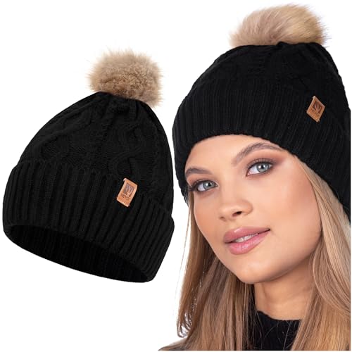 HEYO Damen Mütze Weiche Wintermütze mit Kunstfellbommel Leichte Bommelmütze Beanie Strickmütze gefüttert Mädels (Schwarz) von HEYO