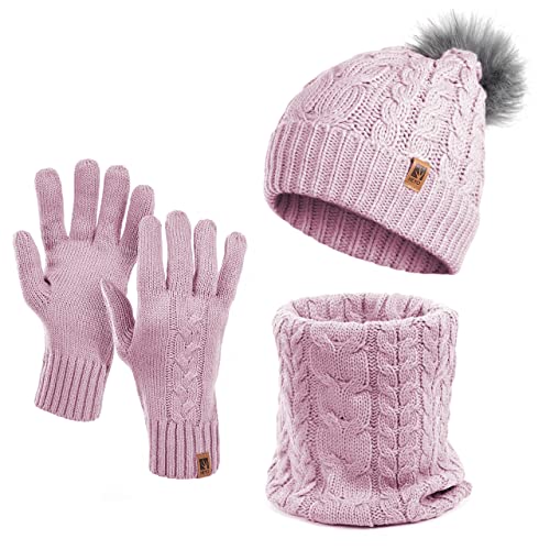 HEYO Damen Wintermütze Schlauchschal Handschuhe 3 teiliges Set | Warme Winter Mütze Schal Winterhandschuhe Beanie gefüttert HZ0004 (Rosa) von HEYO