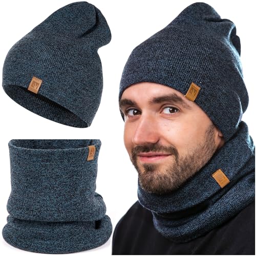 HEYO Herren Übergangsset Slouch Beanie Mütze Warme Strickmütze mellierter Schlauchschal Rundschal Weiche Übergangsmütze Herbst Loopschal Halswärmer 2er Set (Dunkelblau) von HEYO