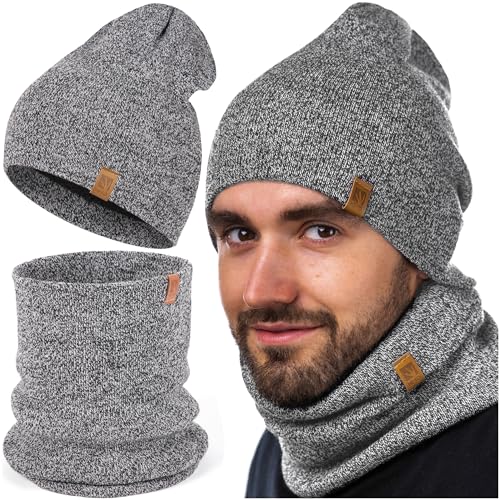 HEYO Herren Übergangsset Slouch Beanie Mütze Warme Strickmütze mellierter Schlauchschal Rundschal Weiche Übergangsmütze Herbst Loopschal Halswärmer 2er Set (Grau) von HEYO