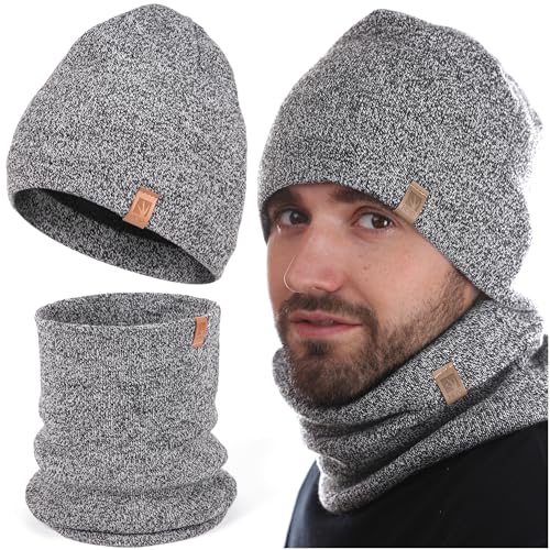 HEYO Herren Winterset Mütze Warme Strickmütze melliert Schlauchschal Rundschal Weiche Wintermütze Mit Thermo Fleece Gefüttert Loopschal Halswärmer 2er Set (Grau) von HEYO