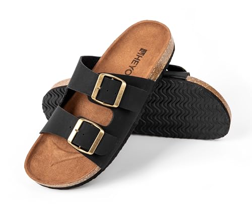 HEYO Pantoletten Herren Damen Sandalen Bequeme Hausschuhe Unisex Kork Badelatschen mit verstellbaren Riemen (Schwarz, EU Schuhgrößensystem, Erwachsene, Numerisch, M, 37) von HEYO