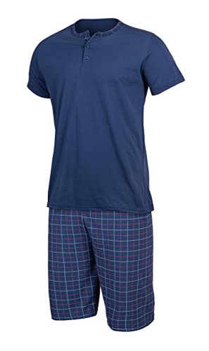 HEYO Schlafanzug Herren Kurz Pyjama aus Baumwolle Zweiteiliges Set Shorts T-Shirt (Dunkelblau Karriert, M) von HEYO