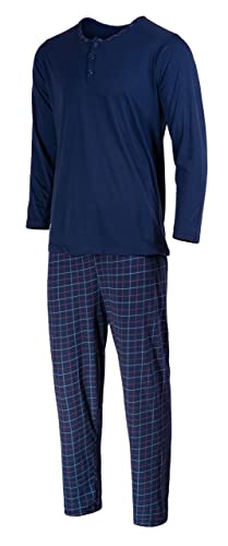HEYO Schlafanzug Herren Lang Pyjama Baumwolle Zweiteiliges Set Langarm Shirt Lange Karierte Pyjamahose (as3, Alpha, l, Regular, Regular, Standard, Dunkelblau, L) von HEYO