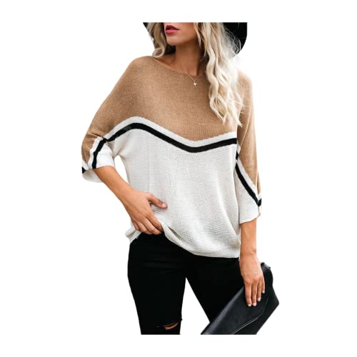 HEYPORK Damen Herbst Winter Warm Bequem Pullover Casual Mode Strickjacke Strickpullover Frauen Frühling Sommer Gestrickt Batwing Pullover Lose Patchwork Pullover Unten Shirt(Weiß, L) von HEYPORK