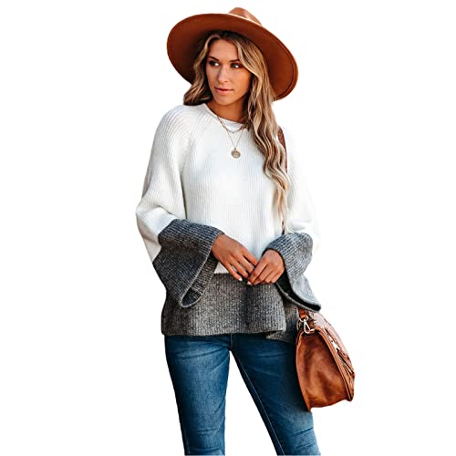 HEYPORK Damen Herbst Winter Warm Bequem Pullover Casual Mode Strickjacke Strickpullover Frauen Patchwork Persönlichkeit Mode Pullover Pullover Gestrickt Pullover(Weiß, M) von HEYPORK