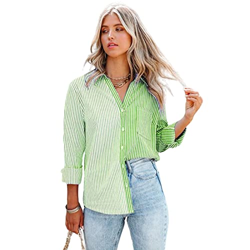 HEYPORK Damen Sommer Top Bluse Bequem Lässig Mode T-Shirt Blusen Frauen Frühjahr/Sommer Gestreift Druck Lange Ärmel Strickjacke Einreihig Shirt(Grün, M) von HEYPORK