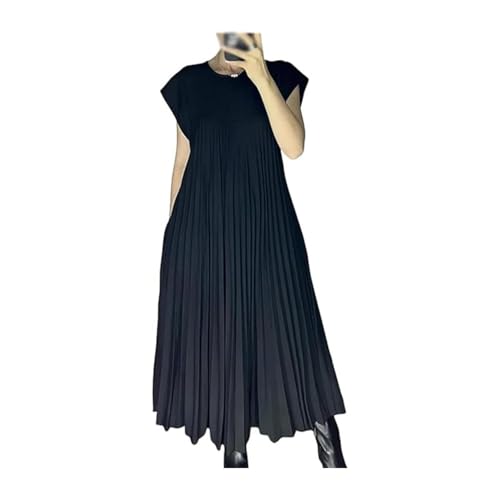 HFDHD Damen Plissee einfaches einfarbiges Kleid Rundhals ärmelloses lockeres Maxi-Sommerkleid, Damen Plisseekleid (2XL,Black) von HFDHD