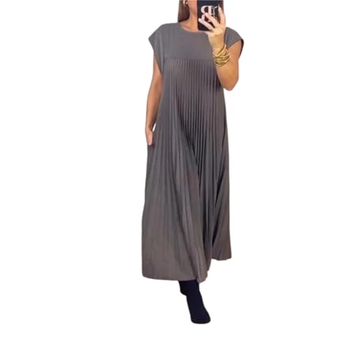 HFDHD Damen Plissee einfaches einfarbiges Kleid Rundhals ärmelloses lockeres Maxi-Sommerkleid, Damen Plisseekleid (2XL,Grey) von HFDHD