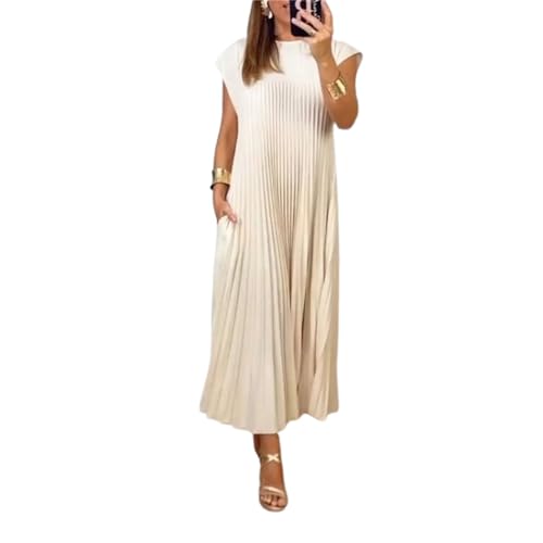 HFDHD Damen Plissee einfaches einfarbiges Kleid Rundhals ärmelloses lockeres Maxi-Sommerkleid, Damen Plisseekleid (M,Beige) von HFDHD