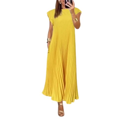 HFDHD Damen Plissee einfaches einfarbiges Kleid Rundhals ärmelloses lockeres Maxi-Sommerkleid, Damen Plisseekleid (XL,Yellow) von HFDHD