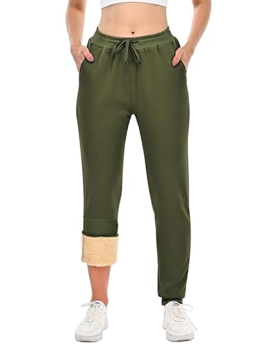 HFDWYJ Damen Jogginghose Fleece Lang Winterhose Warme Kuschelhose Flauschig Freizeithose Sweatpants Winter Sporthosen Gefüttert Jogger Hose mit Tasche Armeegrün L von HFDWYJ