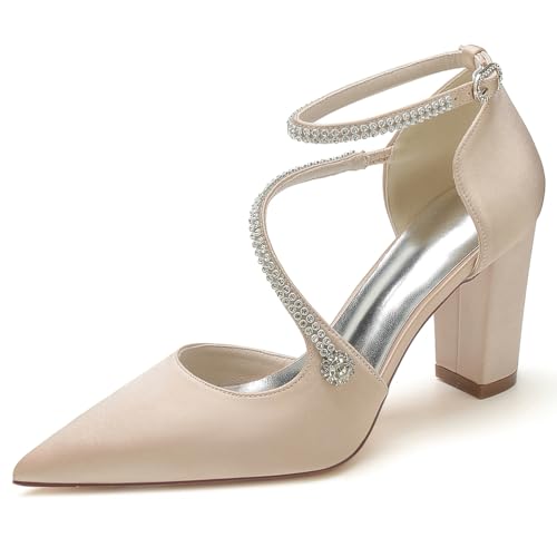 HFWXYSA Damen Blockabsatz 8,5 cm Brautschuhe Strass Knöchelriemen Spitze Zehen Satin Party Brautschuhe Pumps,Champagne,38 EU HFWXYSA Damen Blockabsatz 8,5 cm Brautschuhe Strass Knöchelriemen Spitze Zehen Satin Party Brautschuhe Pumps,Champagne,38 EU von HFWXYSA