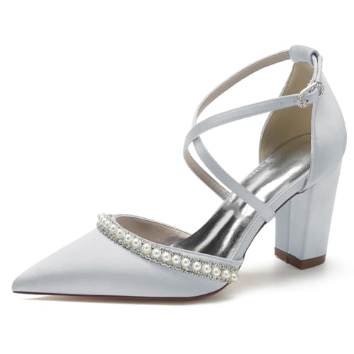 HFWXYSA Damen Hohe Blockabsatz Brautschuhe Satin Kreuz Knöchelriemen Pumps Spitze Zehen Perlen Hochzeitsfeier Pumps,Silber,36 EU HFWXYSA Damen Hohe Blockabsatz Brautschuhe Satin Kreuz Knöchelriemen Pumps Spitze Zehen Perlen Hochzeitsfeier Pumps,Silber,36 EU von HFWXYSA